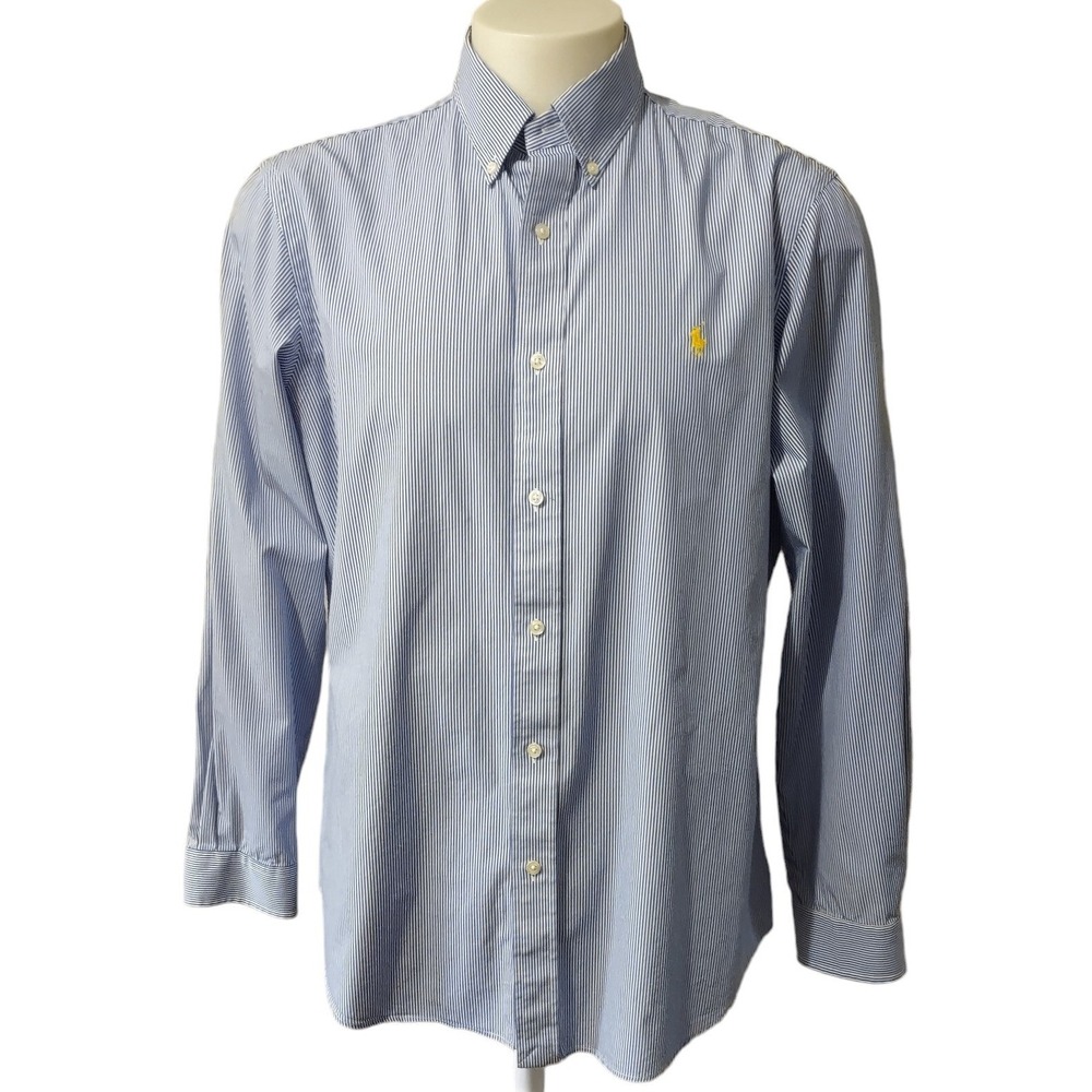 Polo Ralph Lauren Shirt Mens Large Retro Norm Core Blue White Stripe Button Down